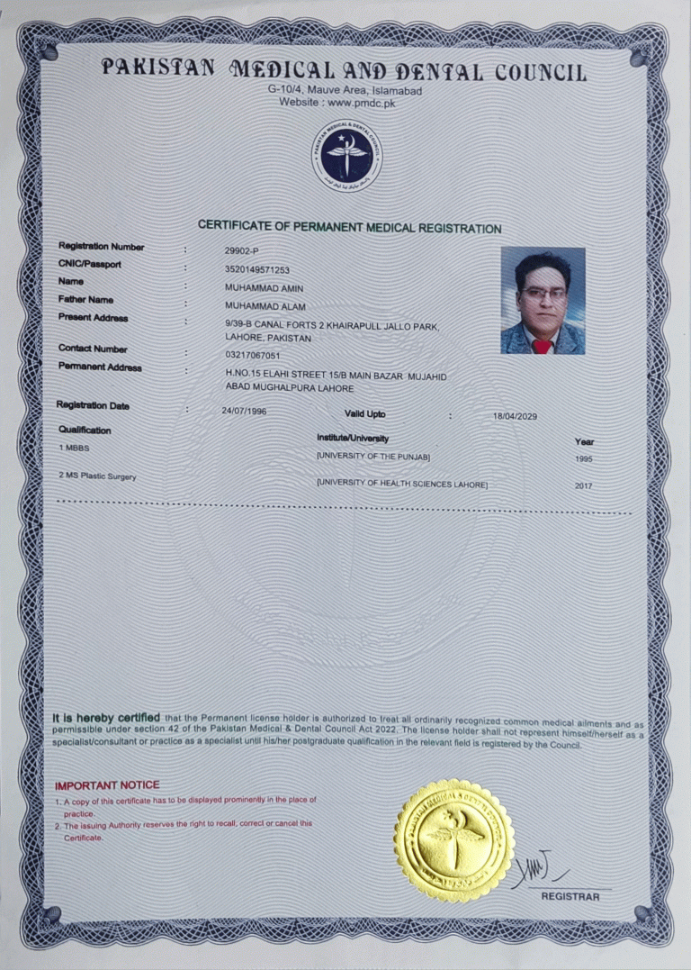 Pakistan Medical and Dental Council Registration Certificate f
